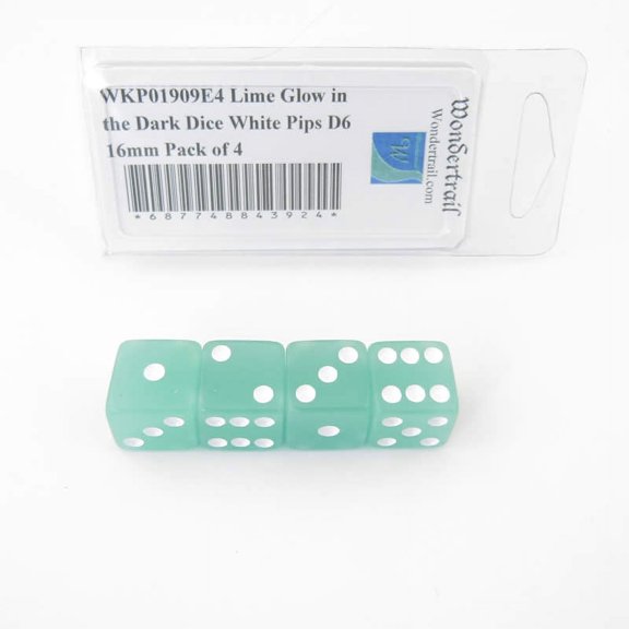 Wondertrail Lime Glow In The Dark Dice with White Pips, 4 Pack