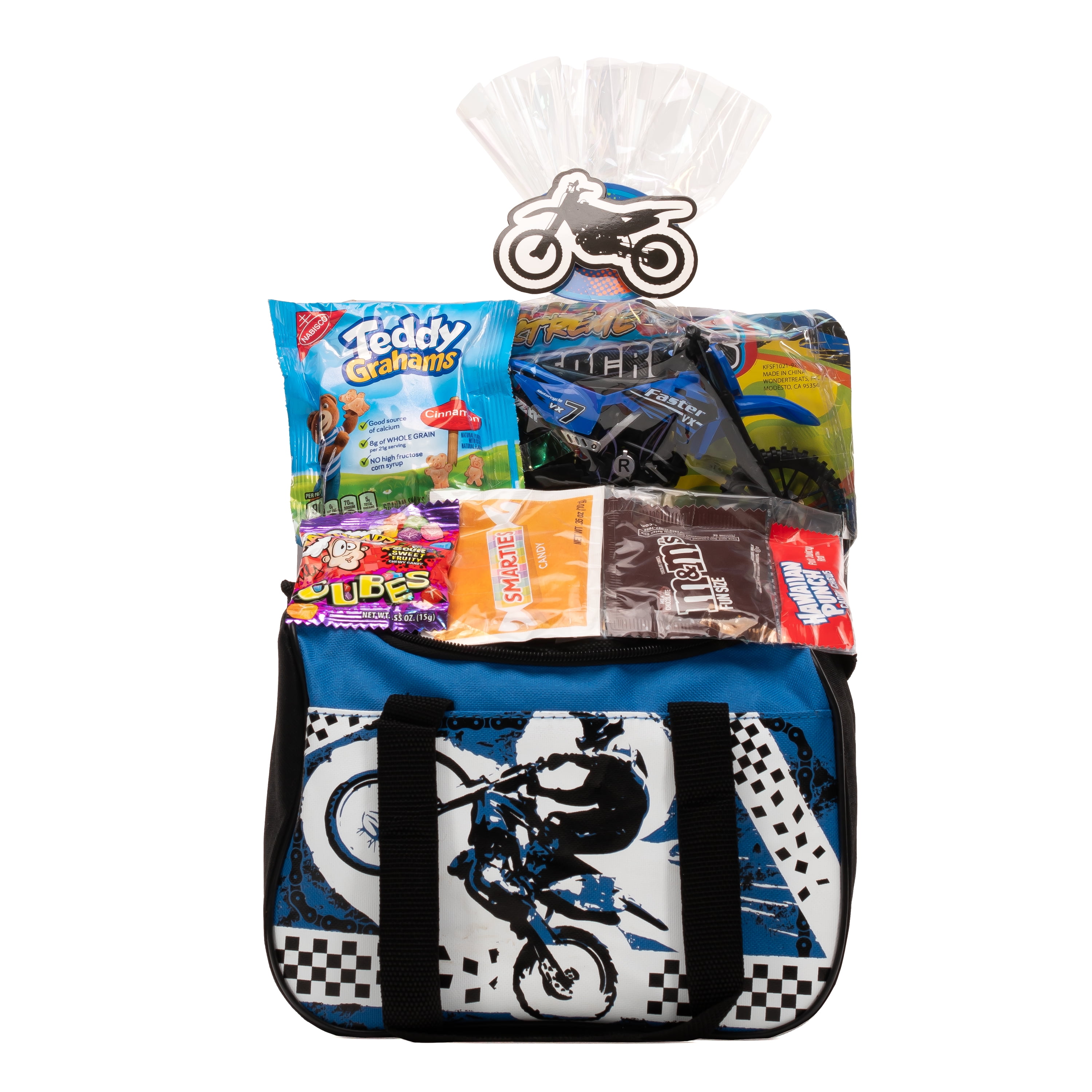 Wondertreats Easter Basket 7Piece Gift Set Motocross Themed Mini Duffel Bag, Toy and Candies