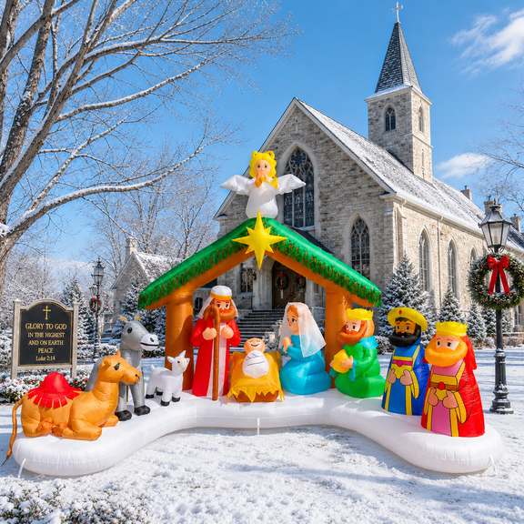 Wondiair 12FT Christmas Inflatable Nativity Scene with LED Lights, Outdoor Yard Decoration for Church and Holiday Display