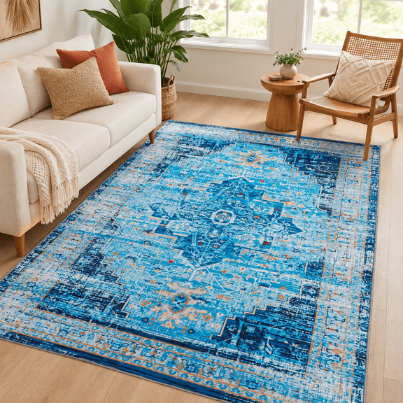 Wondiair 5x7 Area Rug, Machine Washable Non-Slip Vintage Persian Rug for Living Room, Bedroom, Dining Room & Coastal Home, Dusty Blue