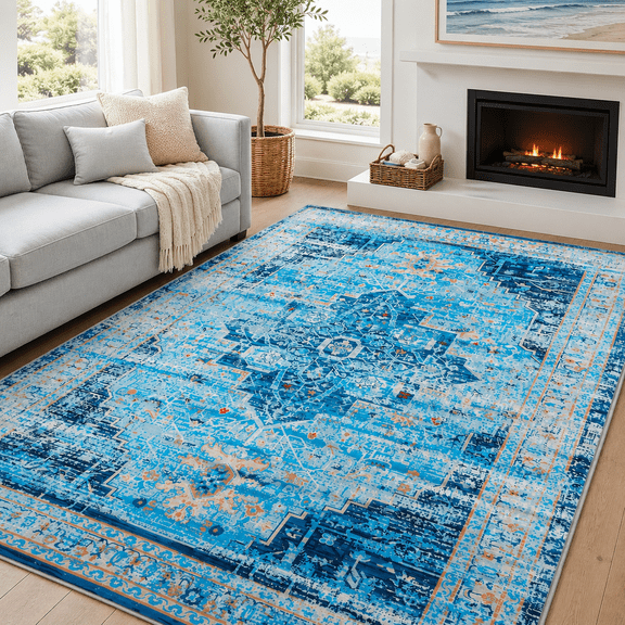 Wondiair 5x7 Area Rug, Machine Washable Non-Slip Vintage Persian Rug for Living Room, Bedroom, Dining Room & Coastal Home, Dusty Blue