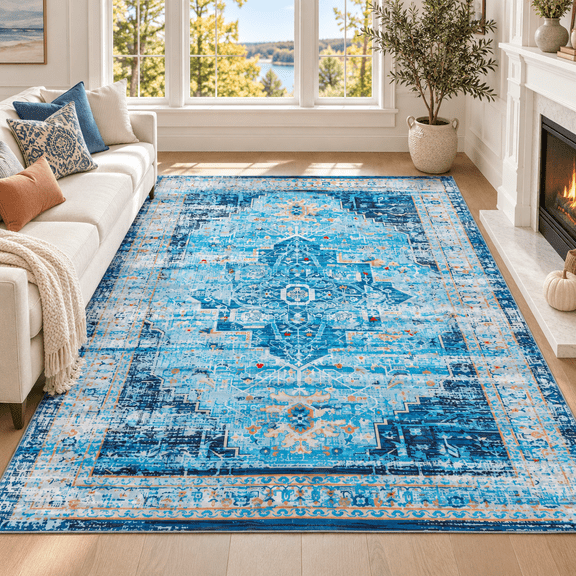 Wondiair 5' x 7' Machine Washable Area Rug for Living Room Bedroom Dining Room, Soft Non-Slip Low Pile Vintage Persian Rug, Blue
