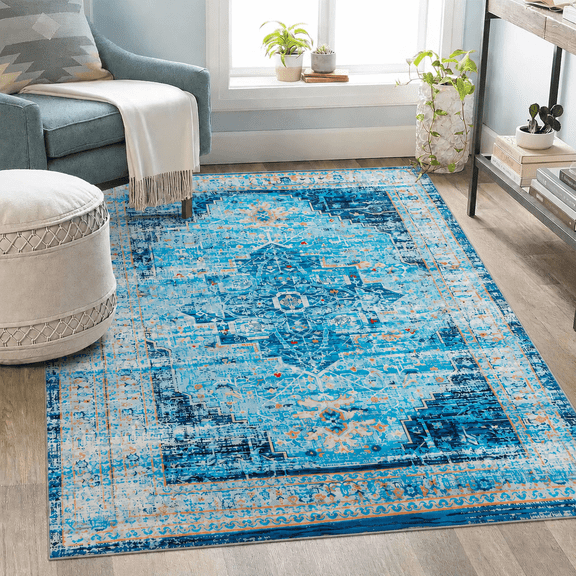 Wondiair 5x7 Blue Vintage Persian Area Rug, Machine Washable Non-Slip Rug for Living Room, Bedroom, Dining Room & Coastal Decor