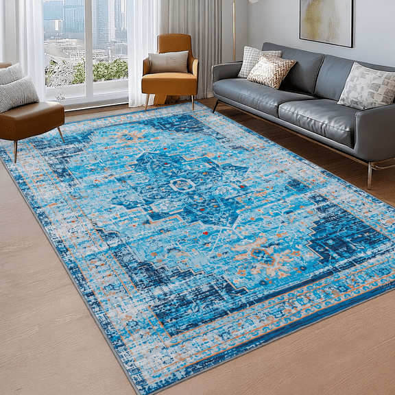 Wondiair 5x7 Blue Vintage Persian Area Rug, Machine Washable Non-Slip Rug for Living Room, Bedroom, Dining Room & Coastal Decor