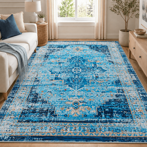 Wondiair 5x7 Area Rug, Machine Washable Non-Slip Vintage Persian Rug for Living Room, Bedroom, Dining Room & Coastal Home, Dusty Blue