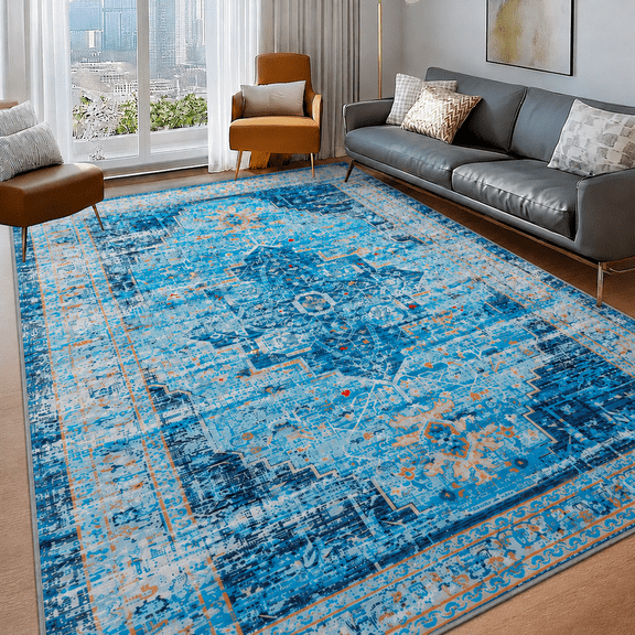 Wondiair 5x7 Area Rug, Machine Washable Non-Slip Vintage Persian Rug for Living Room, Bedroom, Dining Room & Coastal Home, Dusty Blue