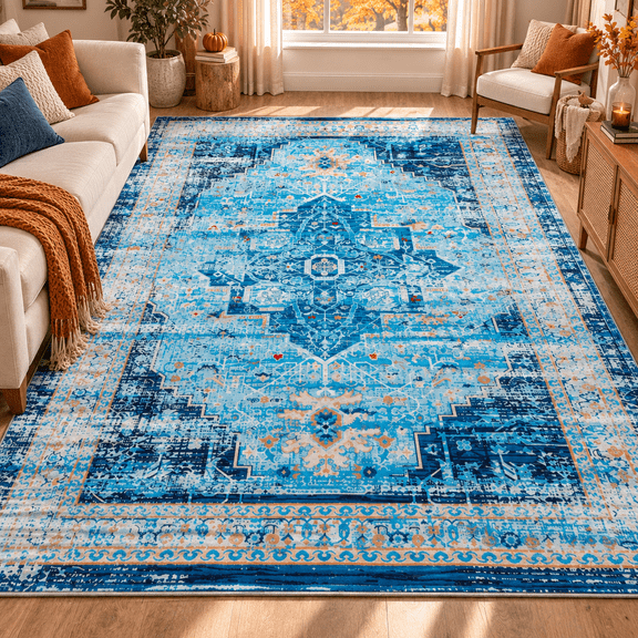 Wondiair 5x7 Area Rug, Machine Washable Non-Slip Vintage Persian Rug for Living Room, Bedroom, Dining Room & Coastal Home, Dusty Blue