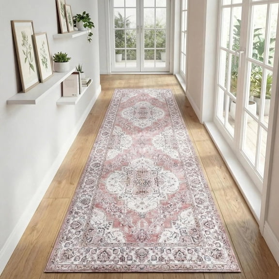 Wondiair 2x7 Runner Rug for Hallway, Vintage Persian Medallion Design, Machine Washable Non-Slip Kitchen Runner Rug, Soft Low Pile Entryway Runner, Rose Pink Ivory