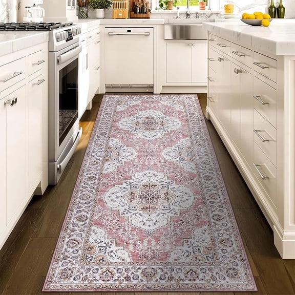 Wondiair 2'x7' Runner Rug, Vintage Persian Medallion, Soft Low Pile, Machine Washable & Non-Slip for Hallway, Entryway & Kitchen  Rose Pink Ivory