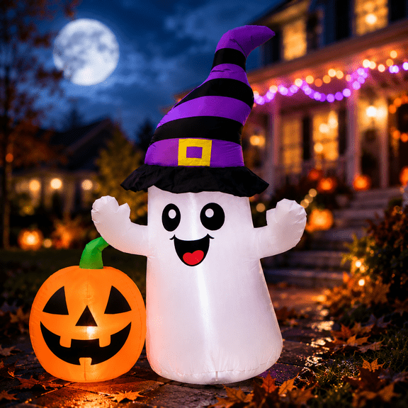 Wondiair 5.5FT Halloween Inflatable Ghost with Pumpkin & Witch Hat, LED Lighted Outdoor Halloween Yard Decorations for Lawn, Garden & Porch