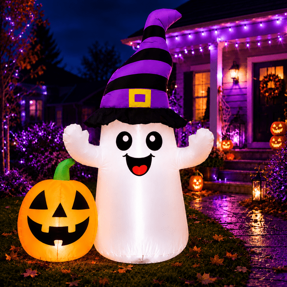 Wondiair 5.5 ft Halloween Inflatable Ghost with Pumpkin & Witch Hat, LED Lighted Outdoor Halloween Yard Decorations for Lawn, Garden & Porch