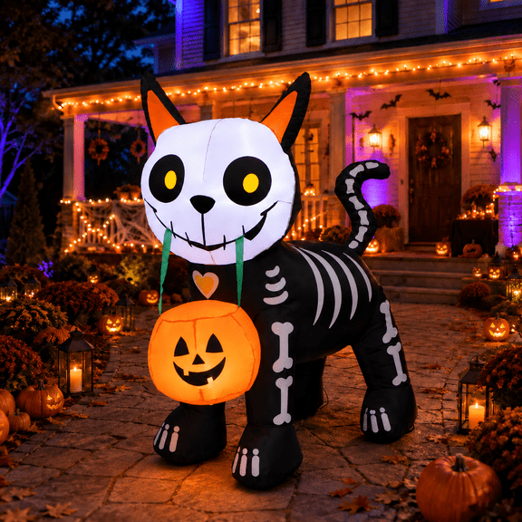 Wondiair 5 ft Halloween Inflatable Trick-or-Treat Skeleton Black Cat with Pumpkin Lantern, Blow Up Outdoor Decoration with Built-in LED Lights for Porch, Yard, Lawn & Garden