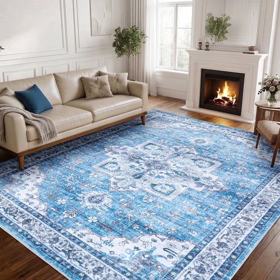 Wondiair 5x7 Machine Washable Area Rug, Soft Non-Slip Low Pile Indoor Rug, Vintage Floral Rug for Living Room, Bedroom, Hallway (Dusty Pink Gray Blue)