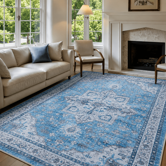 Wondiair 5x7 Blue Vintage Persian Area Rug, Washable Non-Slip Rug for Living Room, Bedroom & Dining Room