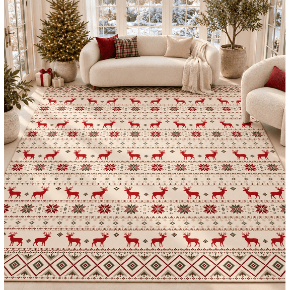 Wondiair 5x7 Christmas Area Rug for Living Room, Reindeer and Snowflake Design, Washable Non-Slip Low Pile for Bedroom Dining Room,Beige