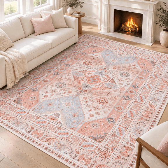 Wondiair 5x7 Vintage Floral Persian Area Rug for Living Room, Machine Washable Soft Low-Pile Non-Slip Rug for Bedroom, Pink Blue Beige