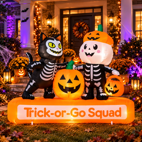 Wondiair 7 ft Halloween Inflatable Skeleton Cat & Pumpkin Trick-or-Treat Yard Decoration with LED Lights
