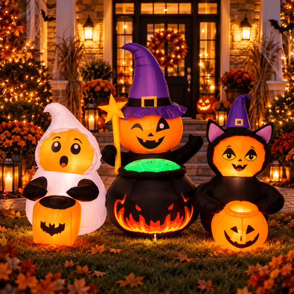 Wondiair 7 ft Halloween Inflatable Witch Pumpkin, Ghost and Black Cat Group with LED Lights for Yard Lawn and Porch