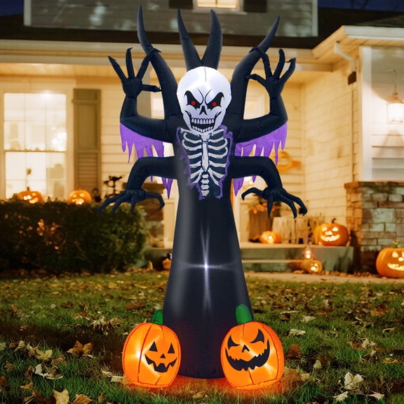 Wondiair 8FT Halloween Inflatables Skeleton Tree Creepy Face Grim Reaper Outdoor Yard Decoration with Pumpkins and Lights for Lawn & Garden