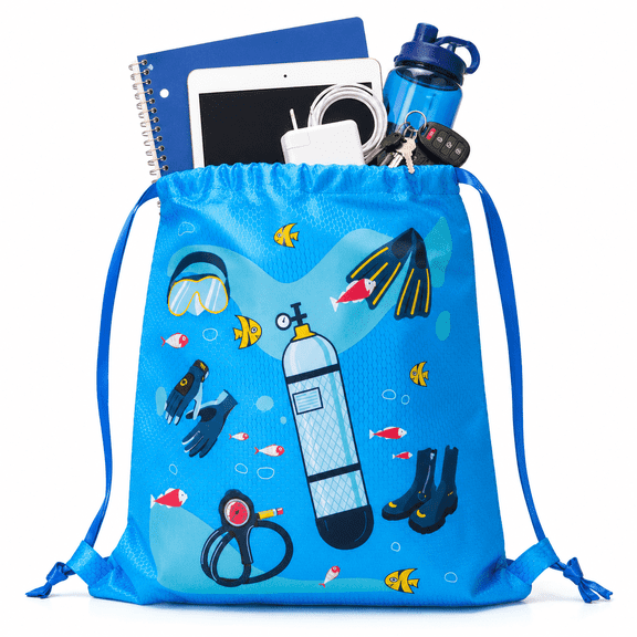 Wondiair Drawstring Backpack, Water-Resistant Sports Bag for School, Gym, Travel & Swimming, Blue Ocean Diving Print