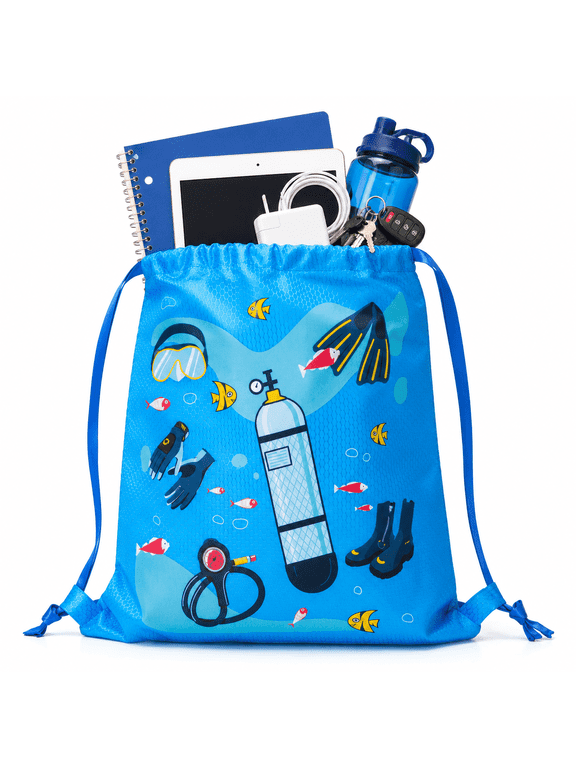 Drawstring Backpack, Water-Resistant Sports Bag for School, Gym, Travel & Swimming, Blue Ocean Diving Print