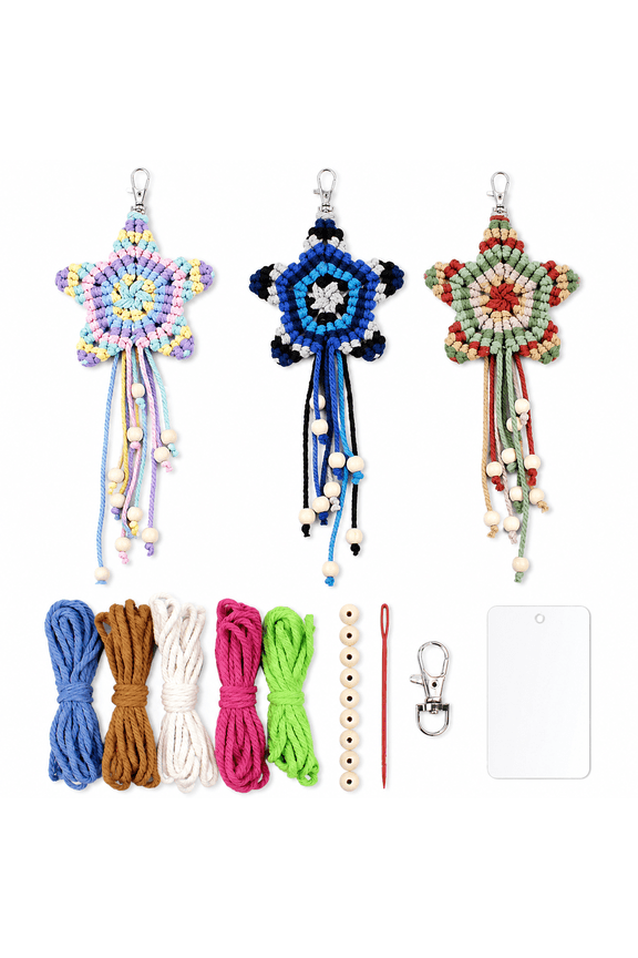 DIY Macrame Keychain Kit for Beginners, Boho Star Bag Charm Craft Kit for Adults & Kids, Handmade Keychain Making Kit with Instructions (Yellow)