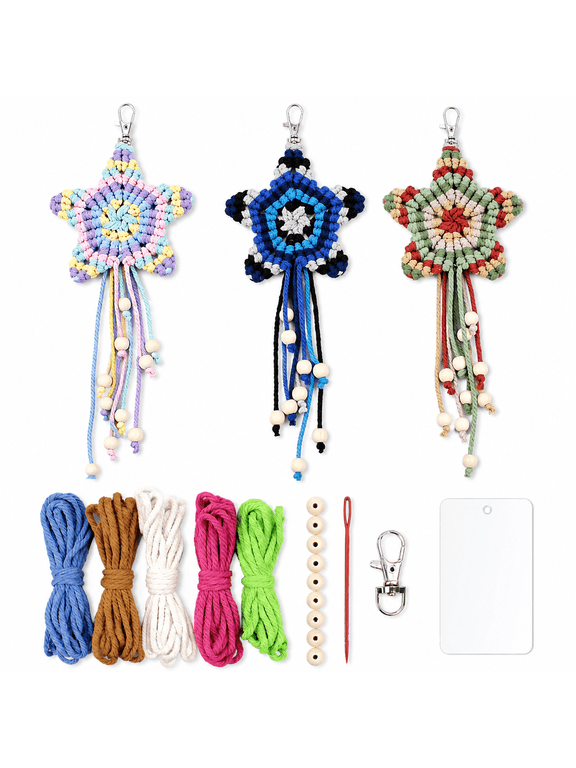 DIY Keychain Making Kit with Boho Star Macrame Design, Handmade Bag Charm Craft Set with Cotton Cord and Beads, Creative DIY Gift Yellow
