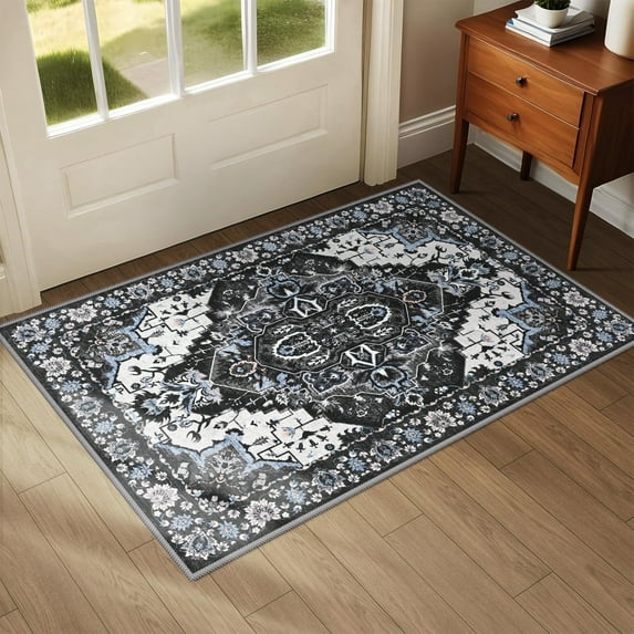 Wondo 2'x3' Boho Rugs for Entryway, Washable Kitchen Rugs Ultra-Thin Soft Rug, Non Slip Indoor Door Mat Stain Resistant for Bathroom Bedroom, Black and White