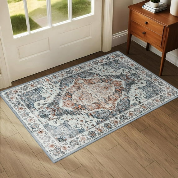 Wondo 2'x3' Boho Rugs for Entryway, Washable Kitchen Rugs Ultra-Thin Soft Rug, Non Slip Indoor Door Mat Stain Resistant for Bathroom Bedroom, Light Blue