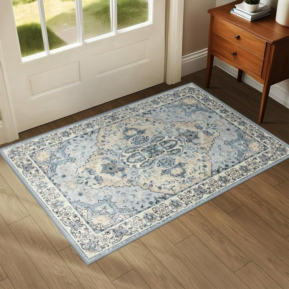 Wondo 2'x3' Boho Rugs for Entryway, Washable Kitchen Rugs Ultra-Thin Soft Rug, Non Slip Indoor Door Mat Stain Resistant for Bathroom Bedroom,Beige