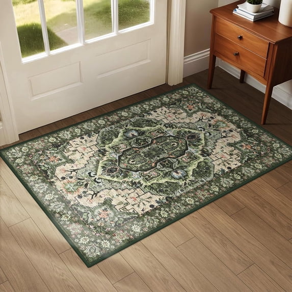 Wondo 2'x3' Boho Rugs for Entryway, Washable Kitchen Rugs Ultra-Thin Soft Rug, Non Slip Indoor Door Mat Stain Resistant for Bathroom Bedroom, Green