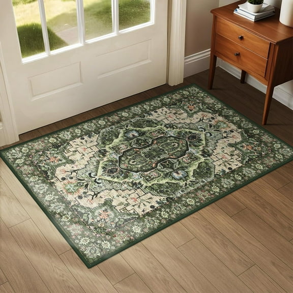 Wondo 2'x3' Boho Rugs for Entryway, Washable Kitchen Rugs Ultra-Thin Soft Rug, Non Slip Indoor Door Mat Stain Resistant for Bathroom Bedroom, Green