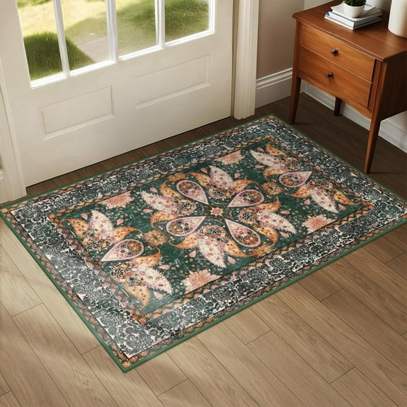 Wondo 2'x3' Boho Rugs for Entryway, Washable Kitchen Rugs Ultra-Thin Soft Rug, Non Slip Indoor Door Mat Stain Resistant for Bathroom Bedroom, Green