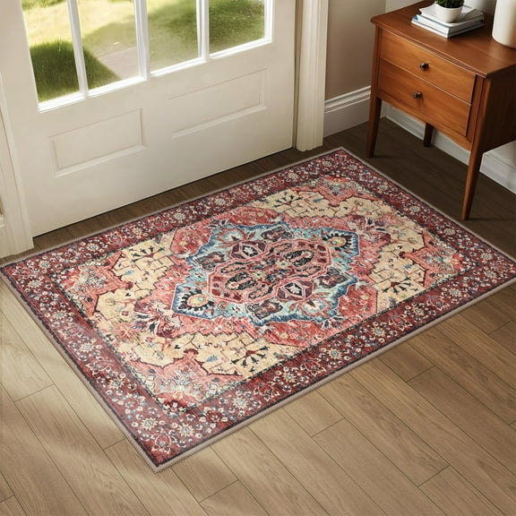Wondo 2'x3' Boho Rugs for Entryway, Washable Kitchen Rugs Ultra-Thin Soft Rug, Non Slip Indoor Door Mat Stain Resistant for Bathroom Bedroom, Red