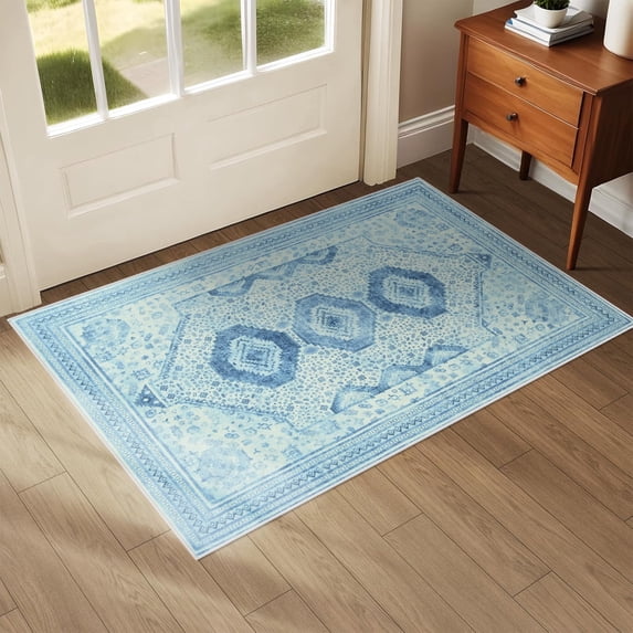Wondo 2x3 Entryway Area Rug, Washable Area Rug, Rugs for Bedroom, Kitchen Rugs, Vintage Boho Carpet, Soft Non-Slip, Low Pile Area Rug, Blue