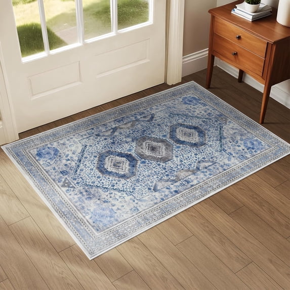 Wondo 2x3 Entryway Area Rug, Washable Area Rug, Rugs for Bedroom, Kitchen Rugs, Vintage Boho Carpet, Soft Non-Slip, Low Pile Area Rug, Light Blue