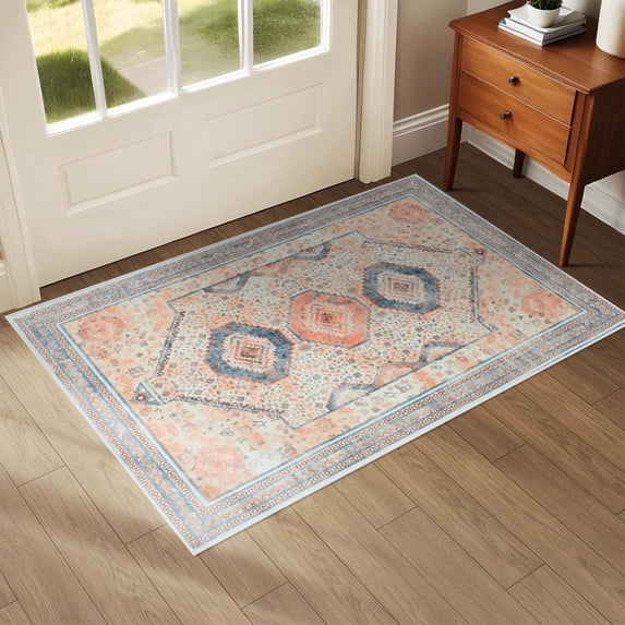 Wondo 2x3 Entryway Area Rug, Washable Area Rug, Rugs for Bedroom, Kitchen Rugs, Vintage Boho Carpet, Soft Non-Slip, Low Pile Area Rug, Orange