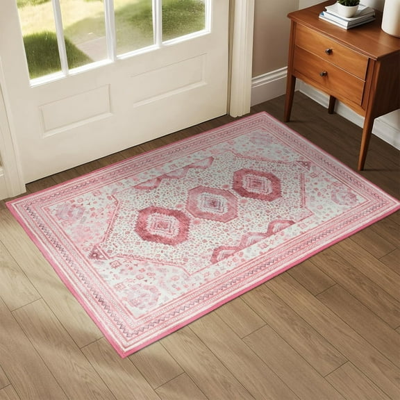 Wondo 2x3 Entryway Area Rug, Washable Area Rug, Rugs for Bedroom, Kitchen Rugs, Vintage Boho Carpet, Soft Non-Slip, Low Pile Area Rug, Pink