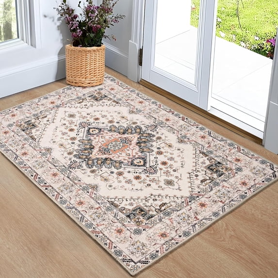Wondo 2x3 Feet Indoor/Outdoor Door Mat - Machine Washable Non-Slip Low Pile Rug, Vintage Beige Entrance Carpet for Entryway Porch Bathroom Kitchen Bedroom Laundry