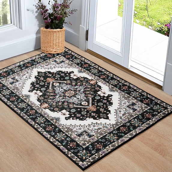 Wondo 2x3 Feet Indoor/Outdoor Door Mat - Machine Washable Non-Slip Low Pile Rug, Vintage Black Entrance Carpet for Entryway Porch Bathroom Kitchen Bedroom Laundry