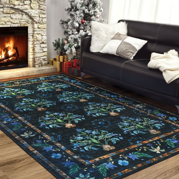 Wondo 4' x 6' Low Pile Area Rugs, Machine Washable Rug for Living Room, Bedroom, Kids' Room & High-Traffic Areas, Black