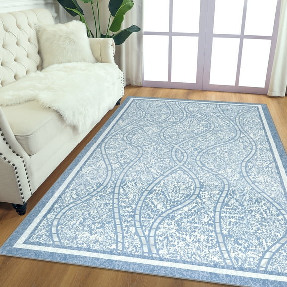 Wondo 4'x6' Abstract Wave Stripe Area Rug - Ultra-Thin Washable Non-Slip Living Room Rug - Soft Modern Minimalist Blue Rug for Bedroom, Dining Room, Office, Playroom