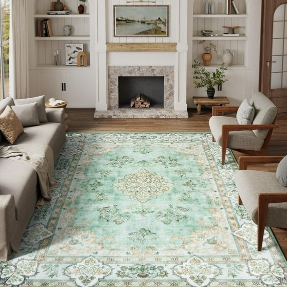 Wondo 4x6 Area Rug Printed Washable Rugs for Living Room Non-Slip Floor Carpet Soft Boho Vintage Rug Low Pile Water Repellent for Bedroom,Entryway,Kitchen,Indoor, Green