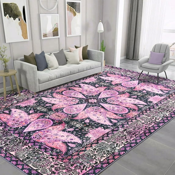 Wondo 4x6 Area Rugs for Living Room, Machine Washable Vintage Rug, Non-Slip Low Pile Throw Rugs with Rubber Backing Washable Carpet for Bedroom Dining Room Kitchen Home Decor, Purple