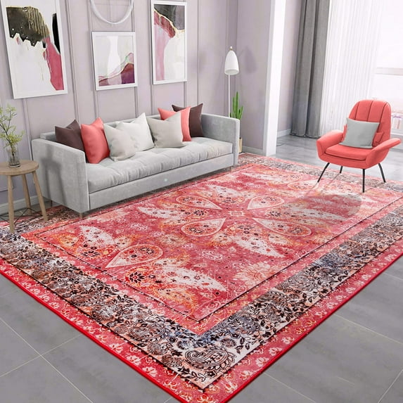 Wondo 4x6 Area Rugs for Living Room, Machine Washable Vintage Rug, Non-Slip Low Pile Throw Rugs with Rubber Backing Washable Carpet for Bedroom Dining Room Kitchen Home Decor, Red