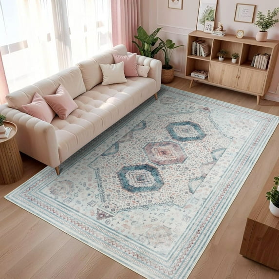 Wondo 4x6 Area Rugs for Living Room, Washable Area Rug, Rugs for Bedroom, Kitchen Rugs, Vintage Boho Carpet, Soft Non-Slip, Low Pile Area Rug for Office Dining Room, Beige