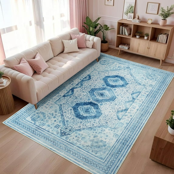 Wondo 4x6 Area Rugs for Living Room, Washable Area Rug, Rugs for Bedroom, Kitchen Rugs, Vintage Boho Carpet, Soft Non-Slip, Low Pile Area Rug for Office Dining Room, Blue