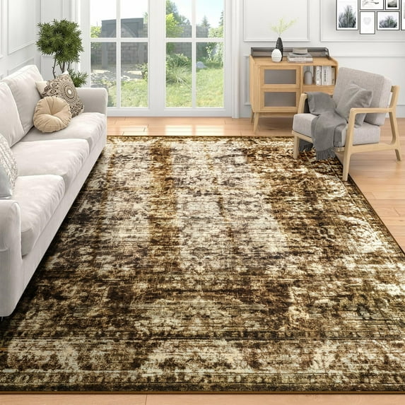 Wondo 4x6 Area Rugs for Living Room, Machine Washable Vintage Rug, Non-Slip Low Pile Throw Rugs for Bedroom Dining Room Kitchen Home Decor, Brown