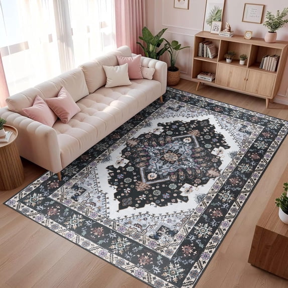Wondo 4x6 Black Area Rug - Machine Washable Non-Slip Rubber Backing, Low Pile Vintage Carpet for Living Room Bedroom Kitchen Dining Office