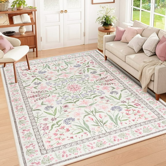 Wondo 4x6 Ft Pink Floral Area Rug - Machine Washable Low Pile Non-Slip Carpet, Boho Vintage Farmhouse Decor for Living Room, Bedroom, Nursery & Office